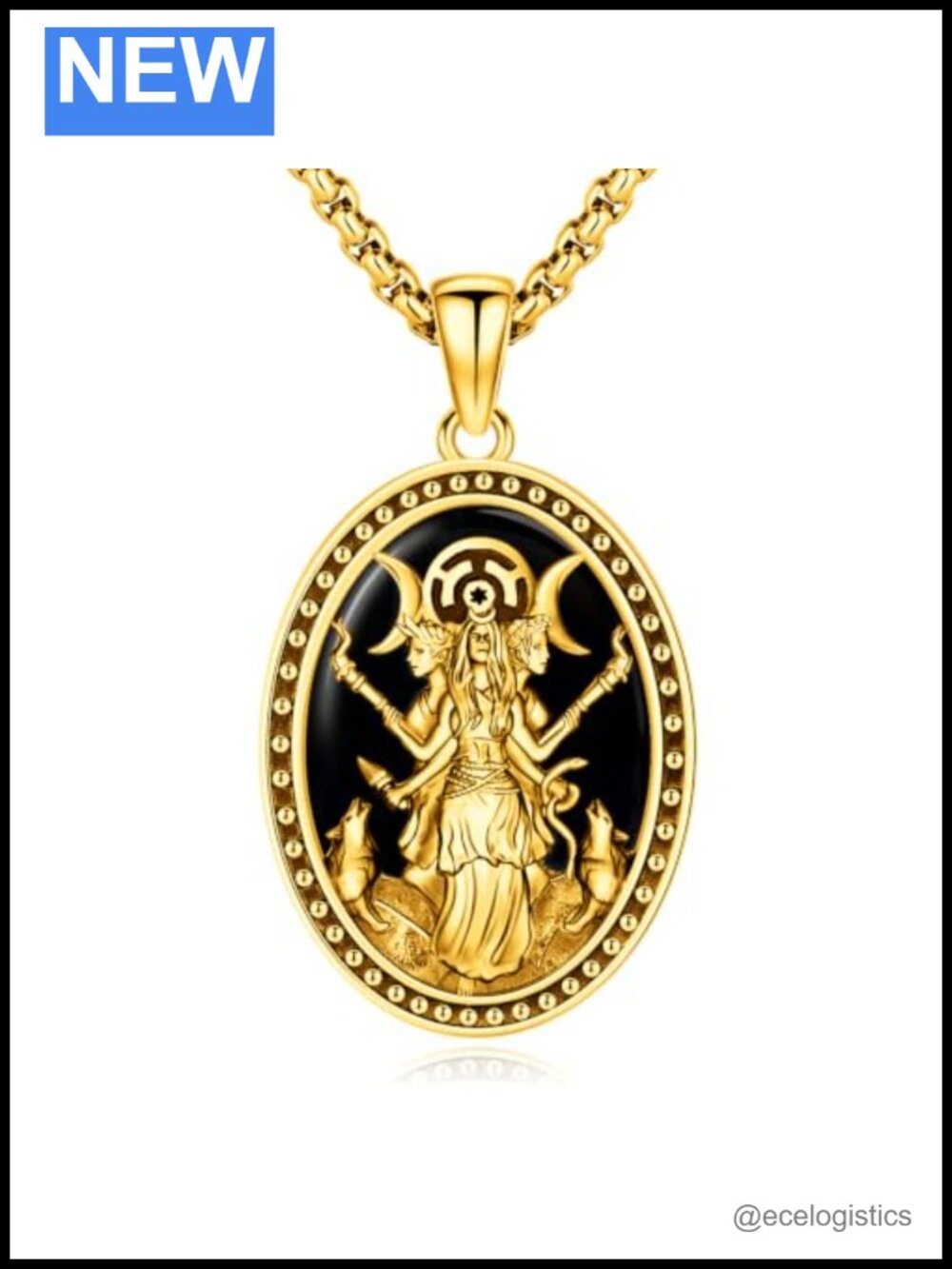 18k Gold Plated Brass Obsidian Pendant Necklace Hecate Pagan Wiccan